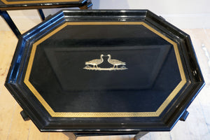 X Pair of decorative Black Italian black laquer side tables circa 1970. With lift off trays.