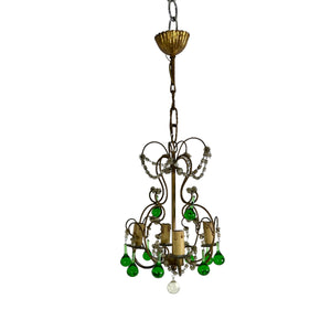 Small elegant vintage Italian chandelier with green glass drops.