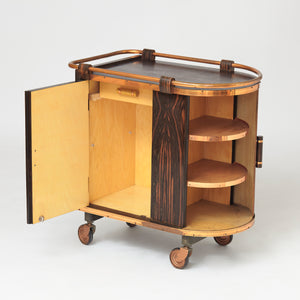 Italian 1930's bar cart with tambour sliding door and Macasar ebony veneers.