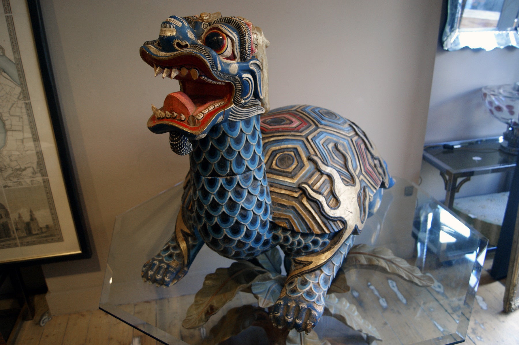 X A stunning pair of polychrome Chinese turtle dragons.