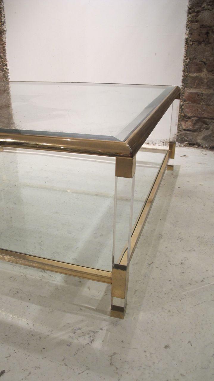 Large mid century Lucite and Brass Two Tier Coffee Table