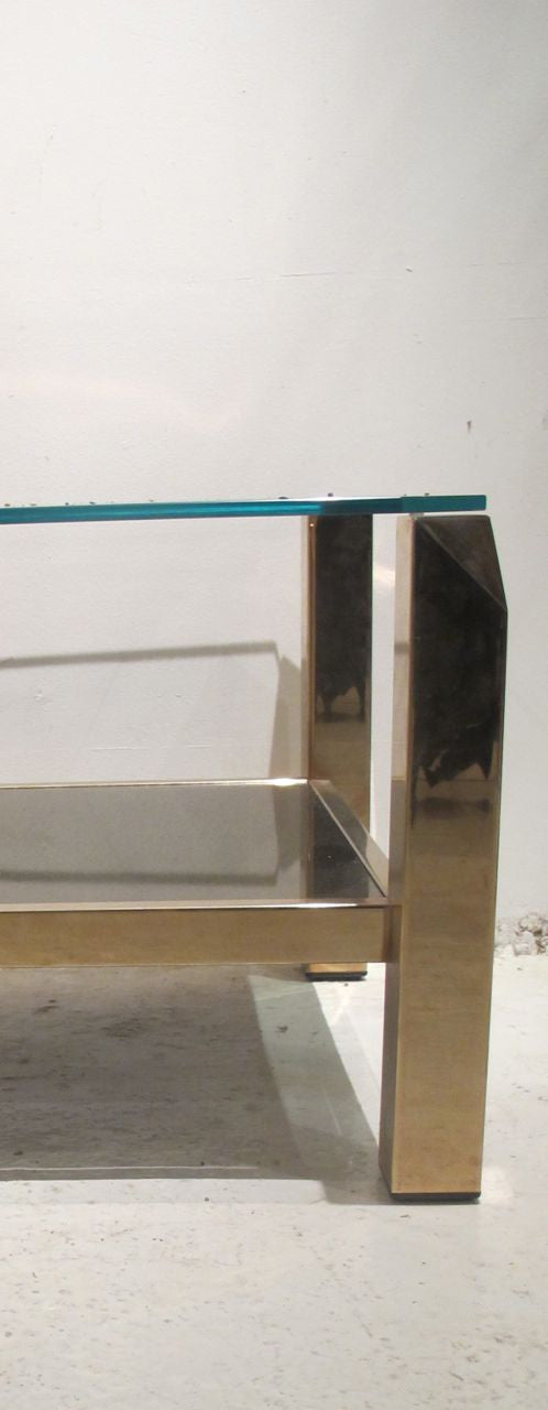 Stylish 1970s Faceted Corner Brass and Glass Side Table with Mirrored Lower Tier