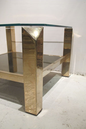 Stylish 1970s Faceted Corner Brass and Glass Side Table with Mirrored Lower Tier