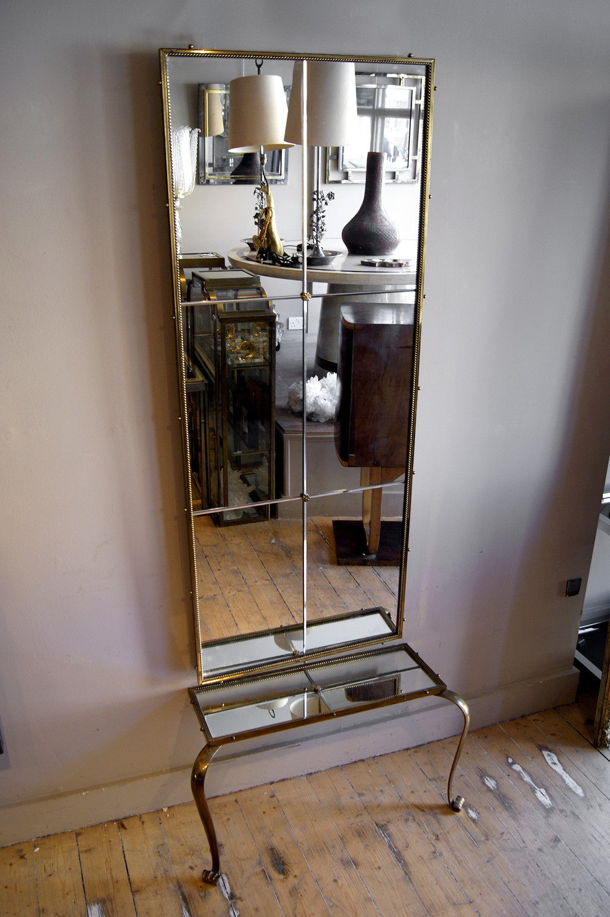 X Superb quality brass french hall mirror and table