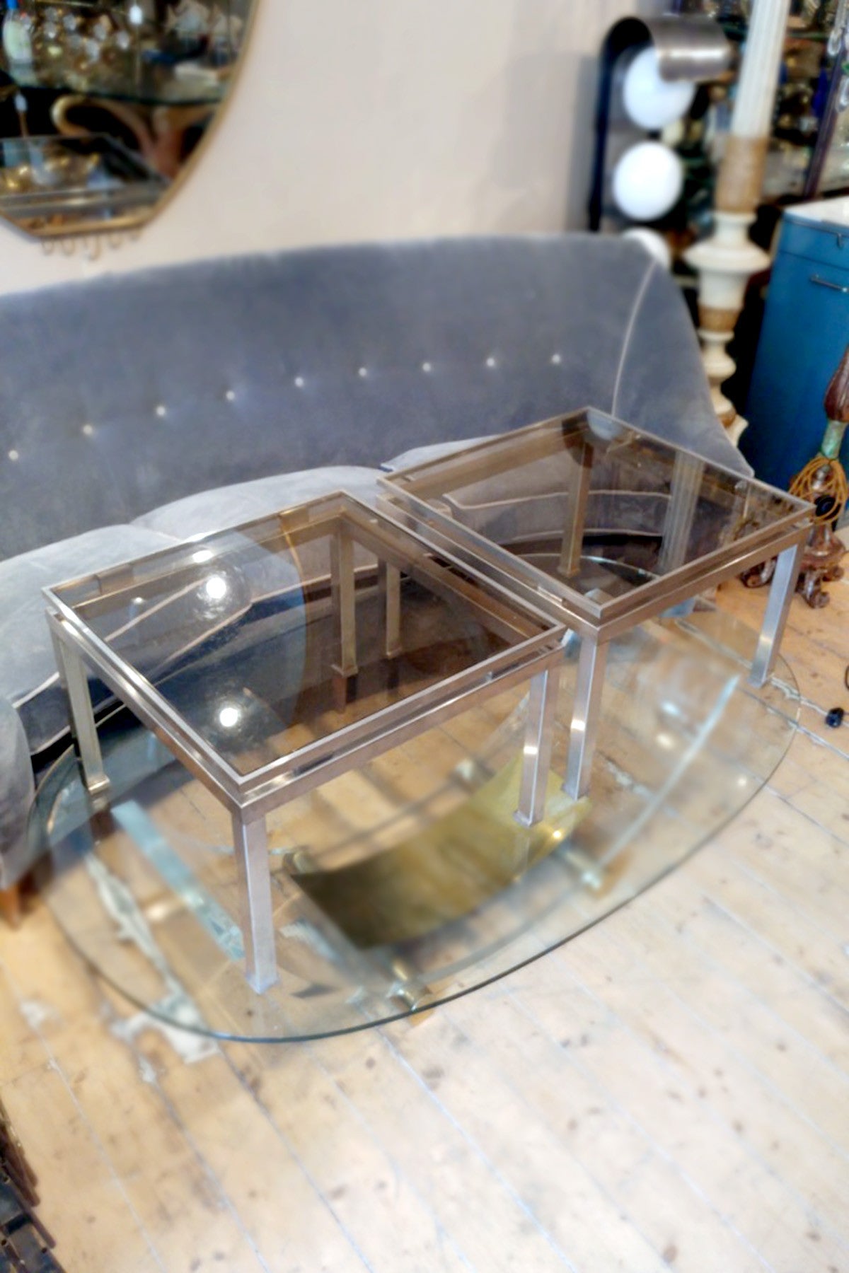 X Pair of Steel Side Tables attributed Guy Lefevre for Maison Jensen