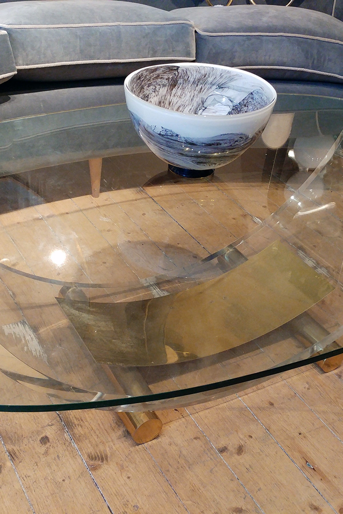 Semi circular brass, Glass and perspex  Coffee Table by maison Jansen.