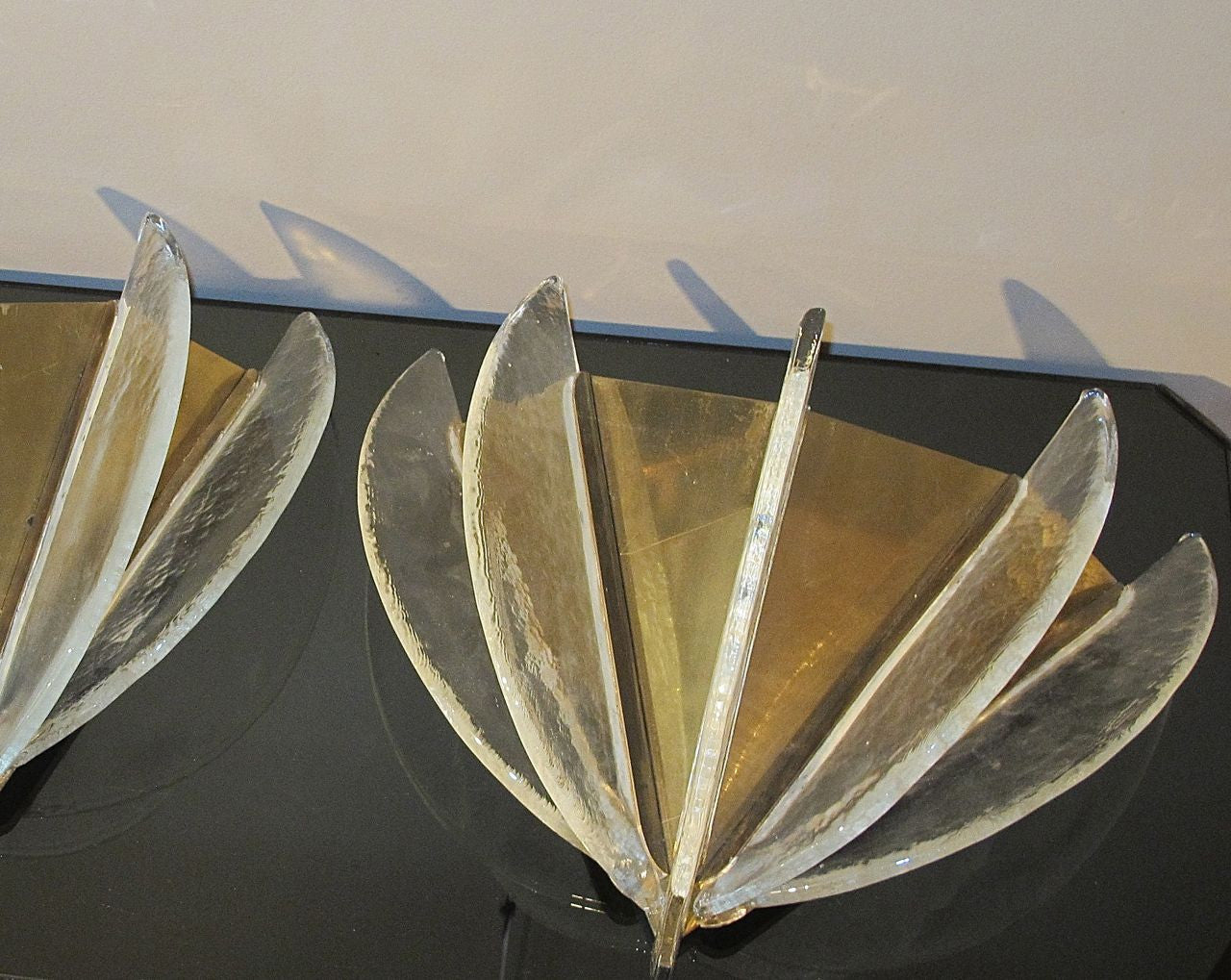X Large pair of 1970s Brass and Glass Wall Lights by Mazega