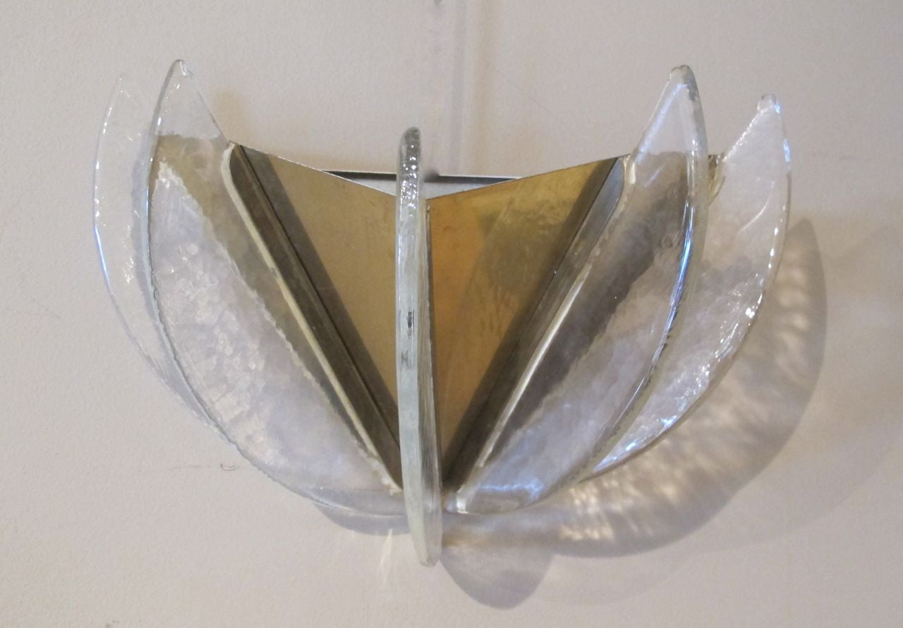 X Large pair of 1970s Brass and Glass Wall Lights by Mazega