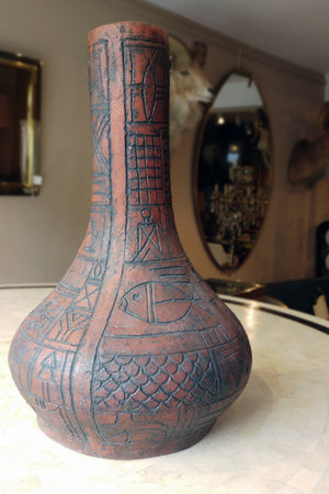 X 1960s Red Ceramic Vase with Indistinct Signature