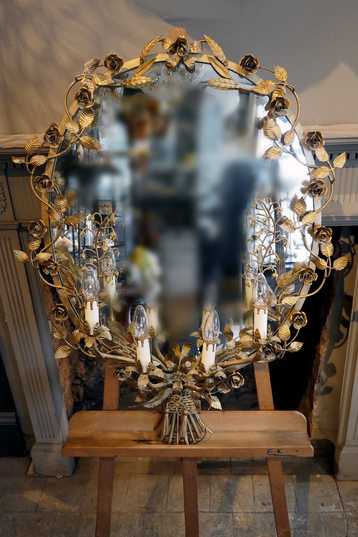 X Large French Iron Flower Mirror with Faux Candle Lighting