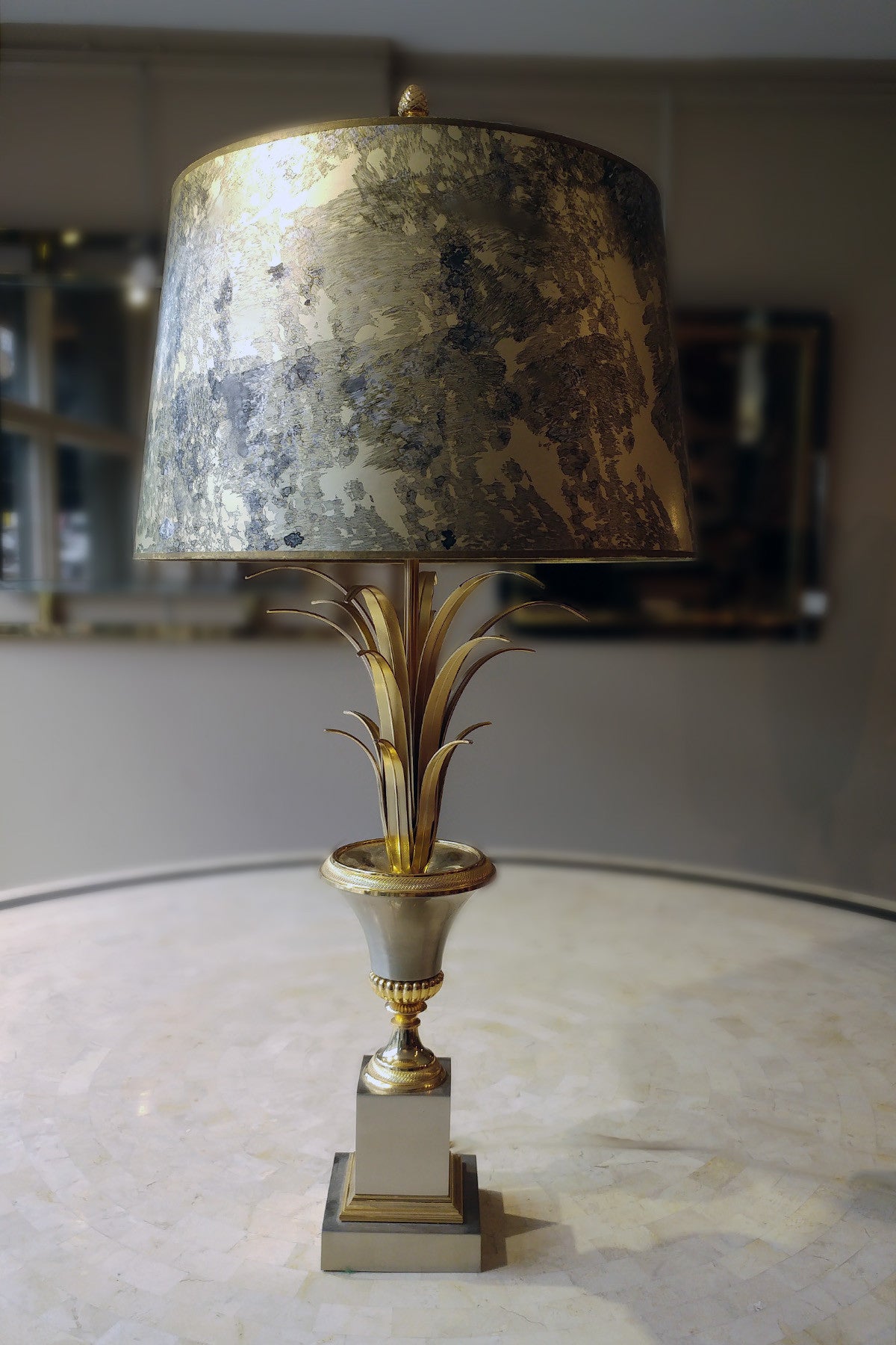 Gold Urn Lamp with Original Shade in the Maison Charles style.