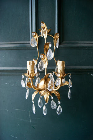 X Pair of Gold Gilt Glass Drop Wall Lights