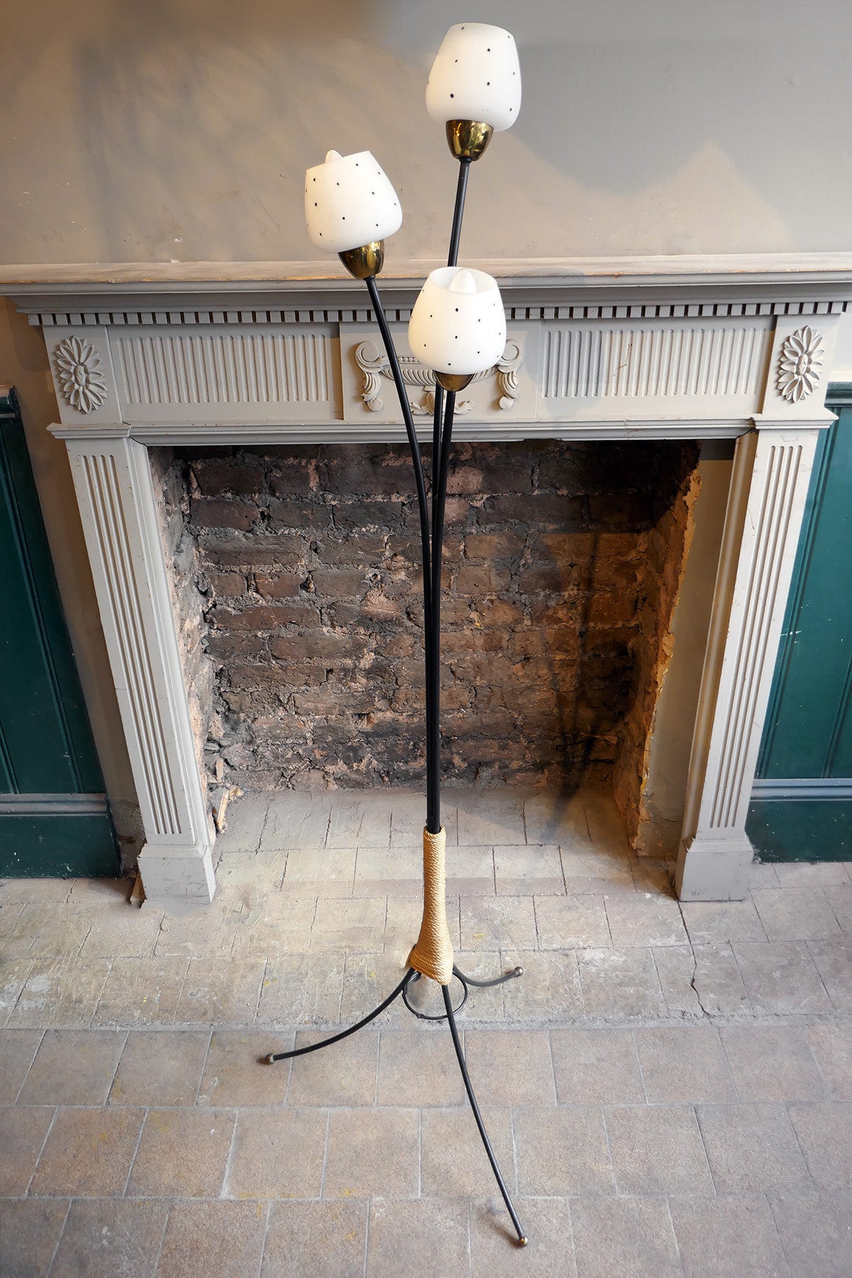 X 1950s Three Arm Floor Light with Glass Shades.