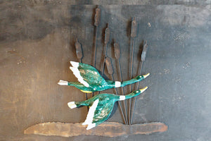 French 1950's Metal and ceramic Wall Sculpture Depicting Ducks in Flight .