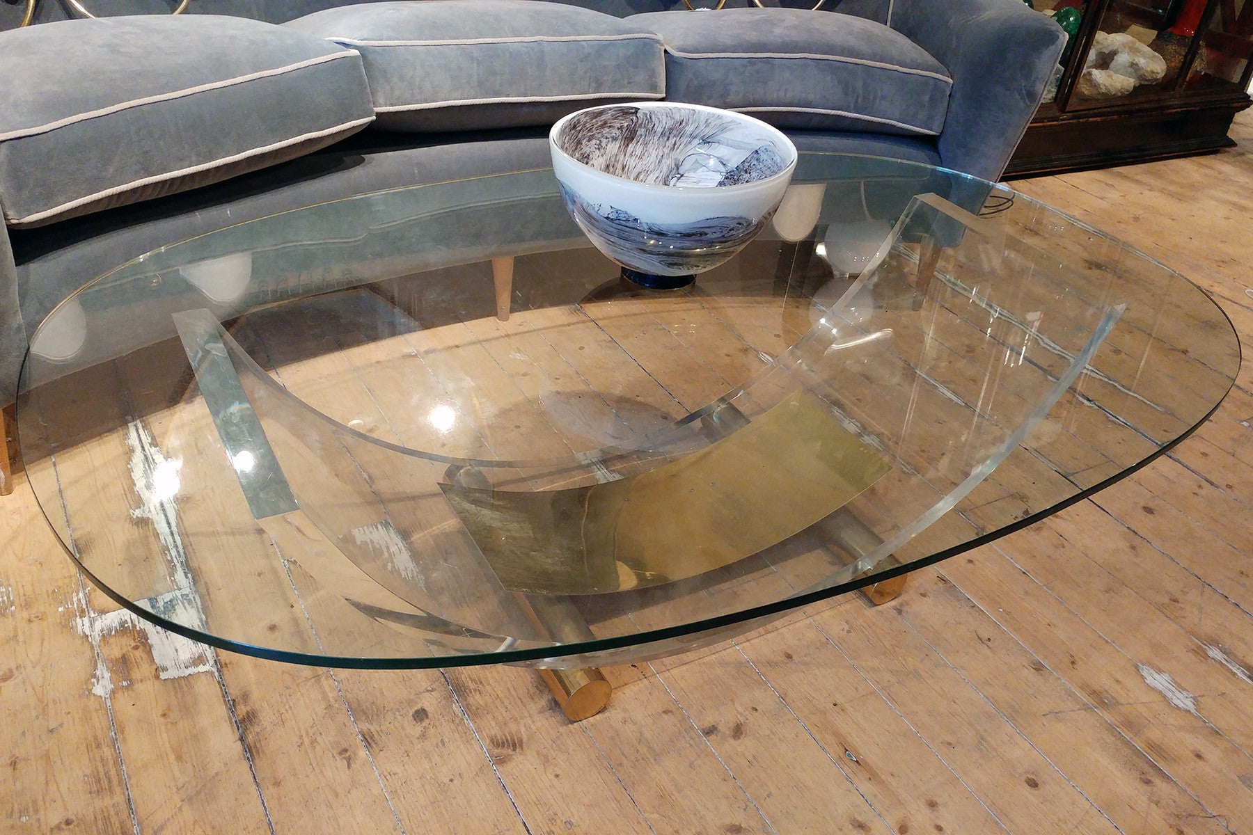 Semi circular brass, Glass and perspex  Coffee Table by maison Jansen.