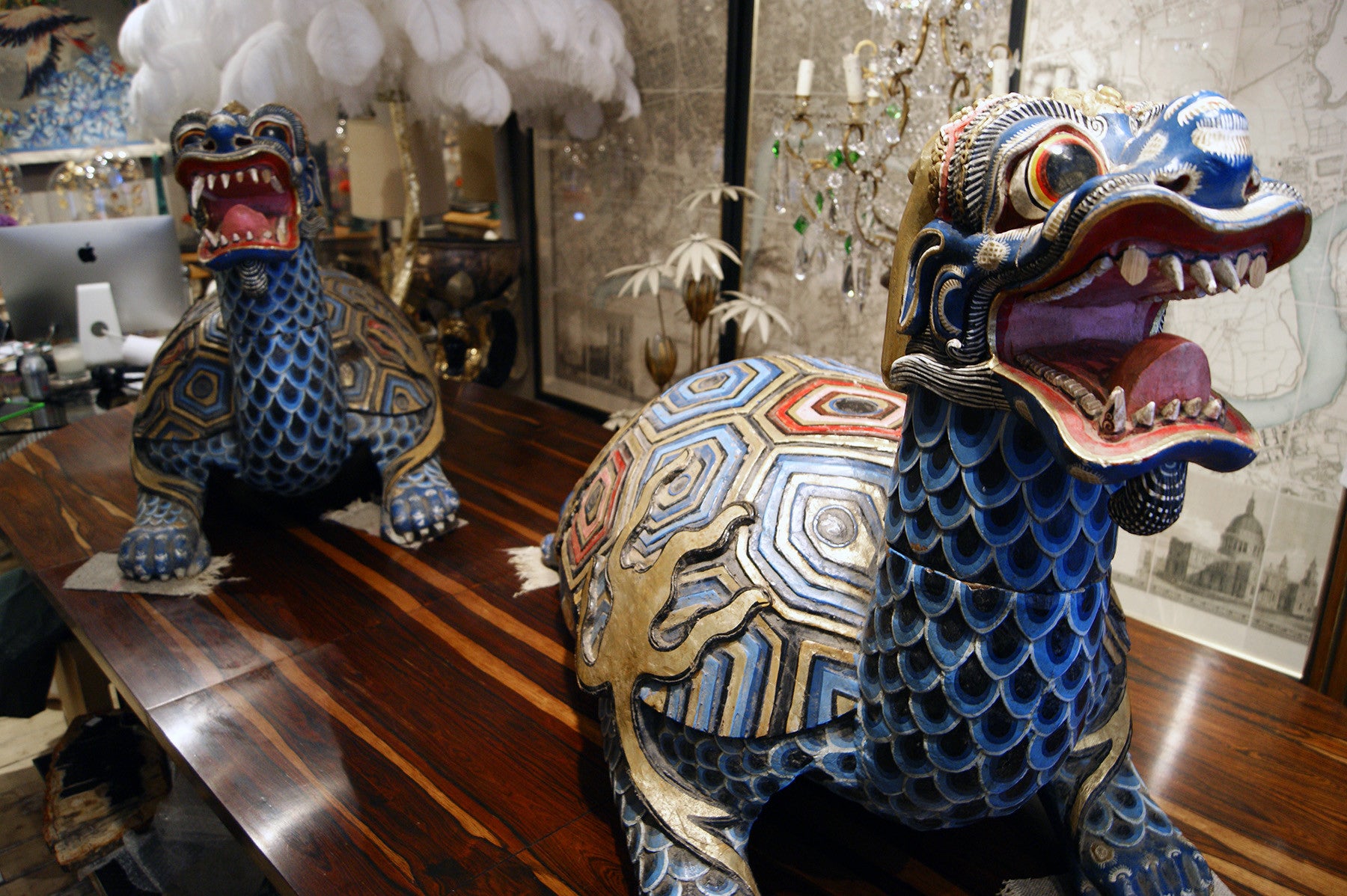X A stunning pair of polychrome Chinese turtle dragons.