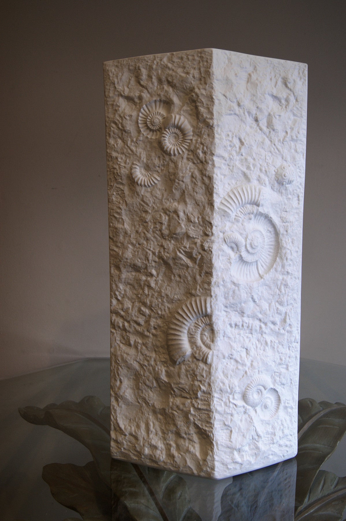 Unusually large 61 cm white ceramic vase cast with fossils circa 1960 signed A.K.